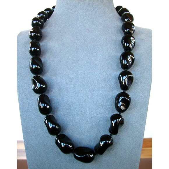 Chunky Black Bead Necklace With Lobster Clasp Closure - Picture 1 of 4